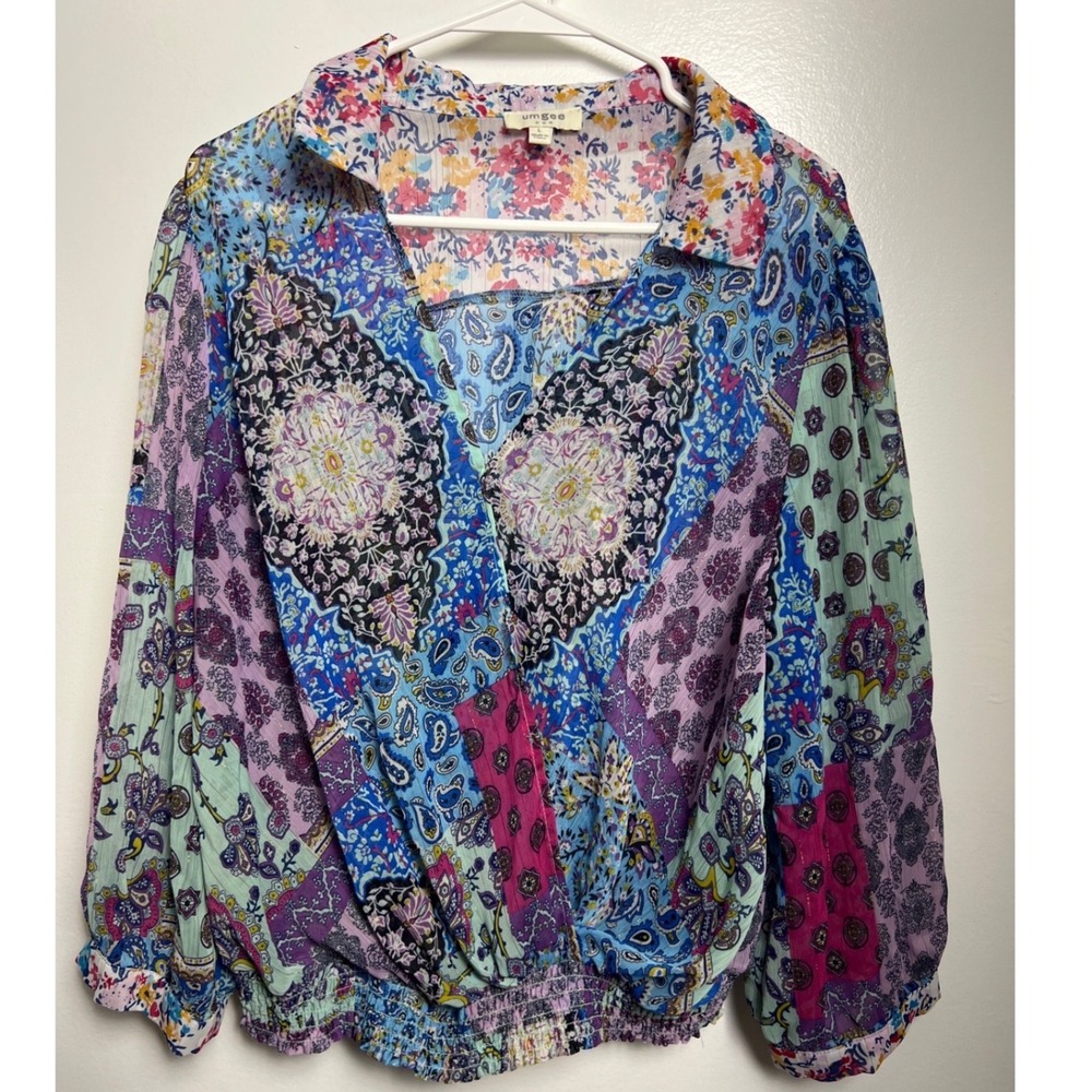 Umgee Multicolor Patchwork Paisley Smocked Waist Blouse L Metallic Boho Hippie